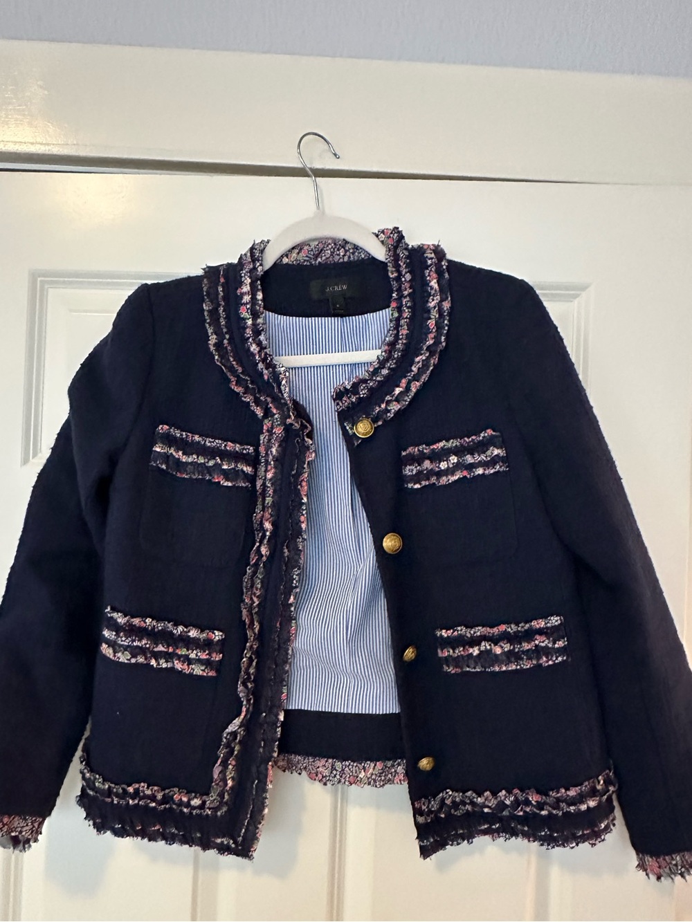J. Crew Navy Bouclé Blazer with Multicolor Tweed Trim